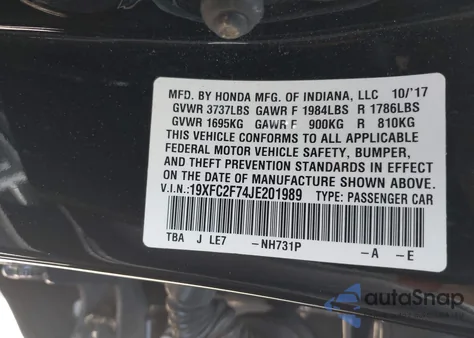 2018 Honda Civic Ex from USA, damaged, VIN 19XFC2F74JE201989